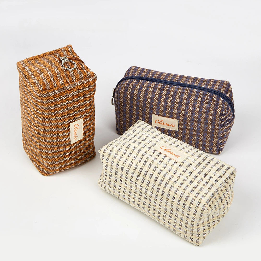 Classic Textured Fabric Storage Pouch - Multi-Style Travel Cosmetic Organizer Bag for Toiletries & Stationery