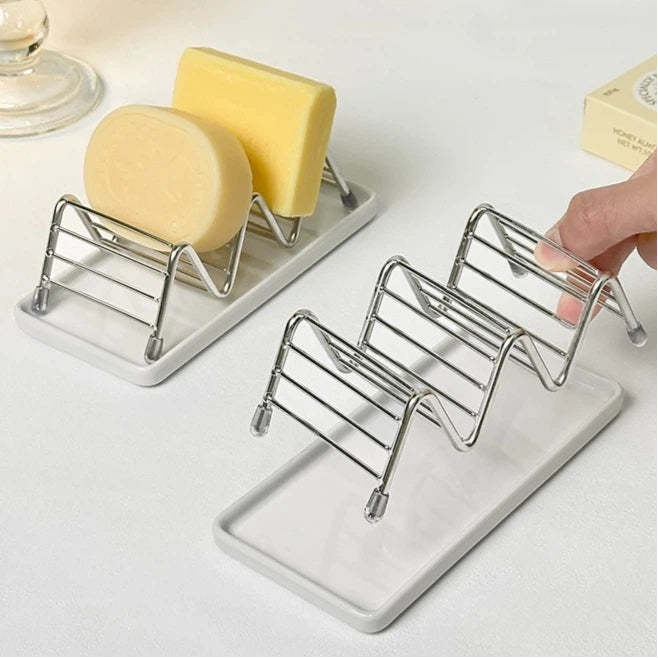 Dual Soap Dish Holder with Drainage - Stainless Steel & White Ceramic Soap Saver for Bathroom/Kitchen