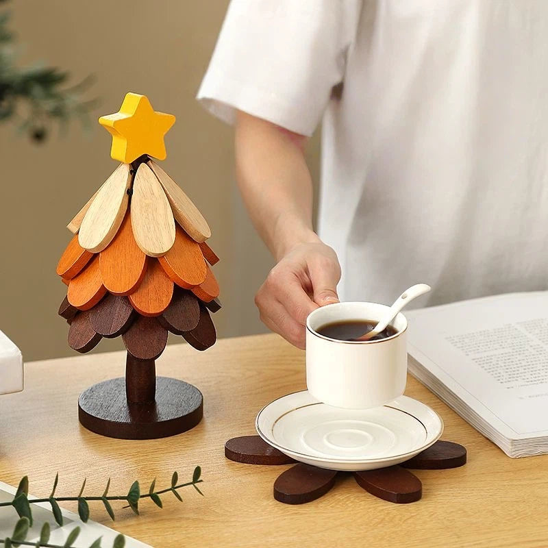 Autumn Wooden Christmas Tree Trivet - Foldable Heat Resistant Table Mat for Hot Dishes & Decor