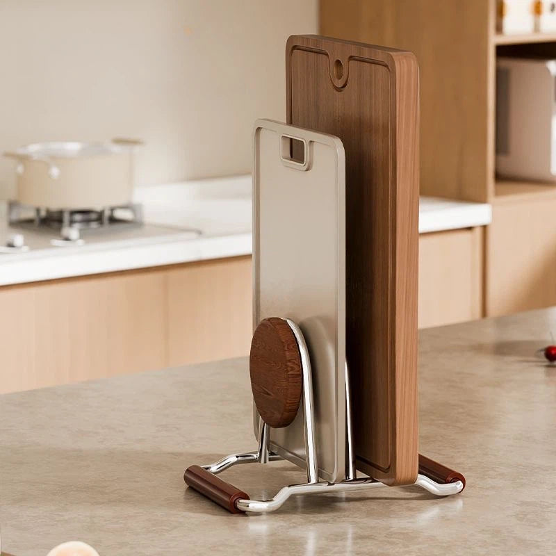 Modern Stainless Steel & Wood Cutting Board Holder Stand - Kitchen Countertop Organizer for Chopping Boards & Lids