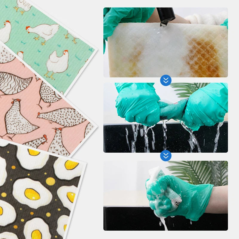 Chicken & Egg Pattern Kitchen Scrub Sponges Set - 6-Pack Dish Cleaning Cloths