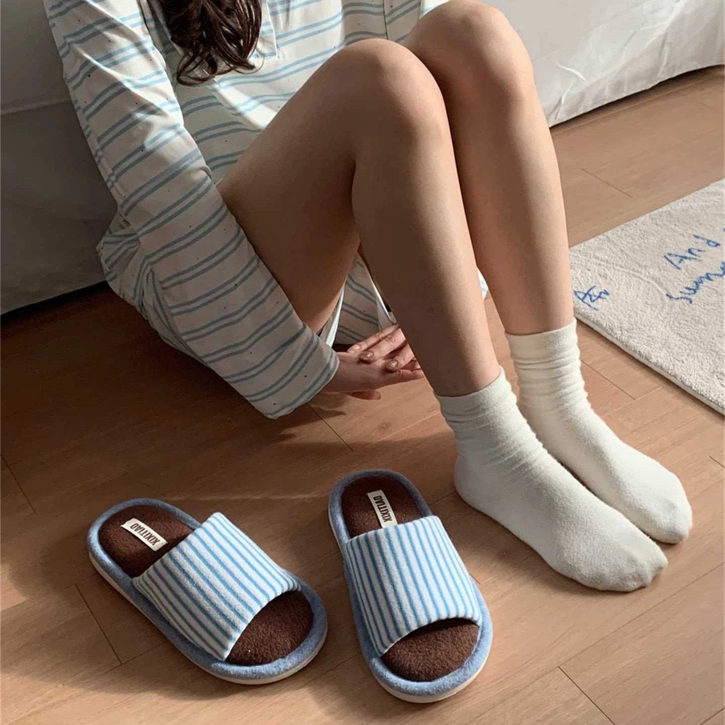 Soft Striped House Slippers for Women Men - Non-slip Indoor Bathroom Bedroom Slippers Light Blue