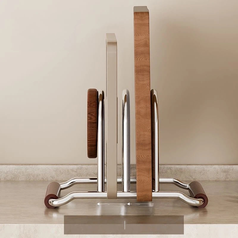 Modern Stainless Steel & Wood Cutting Board Holder Stand - Kitchen Countertop Organizer for Chopping Boards & Lids