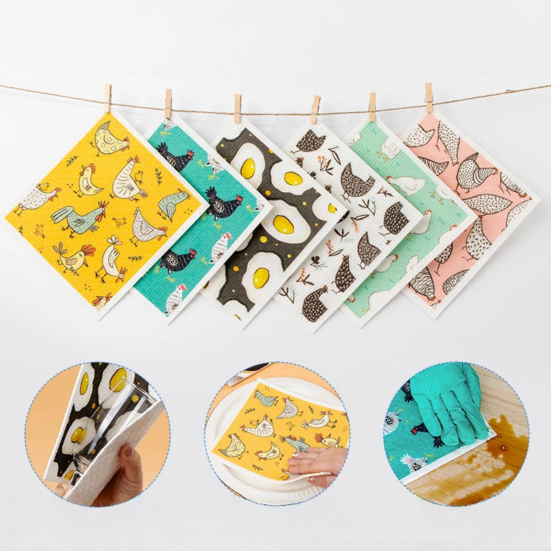 Chicken & Egg Pattern Kitchen Scrub Sponges Set - 6-Pack Dish Cleaning Cloths