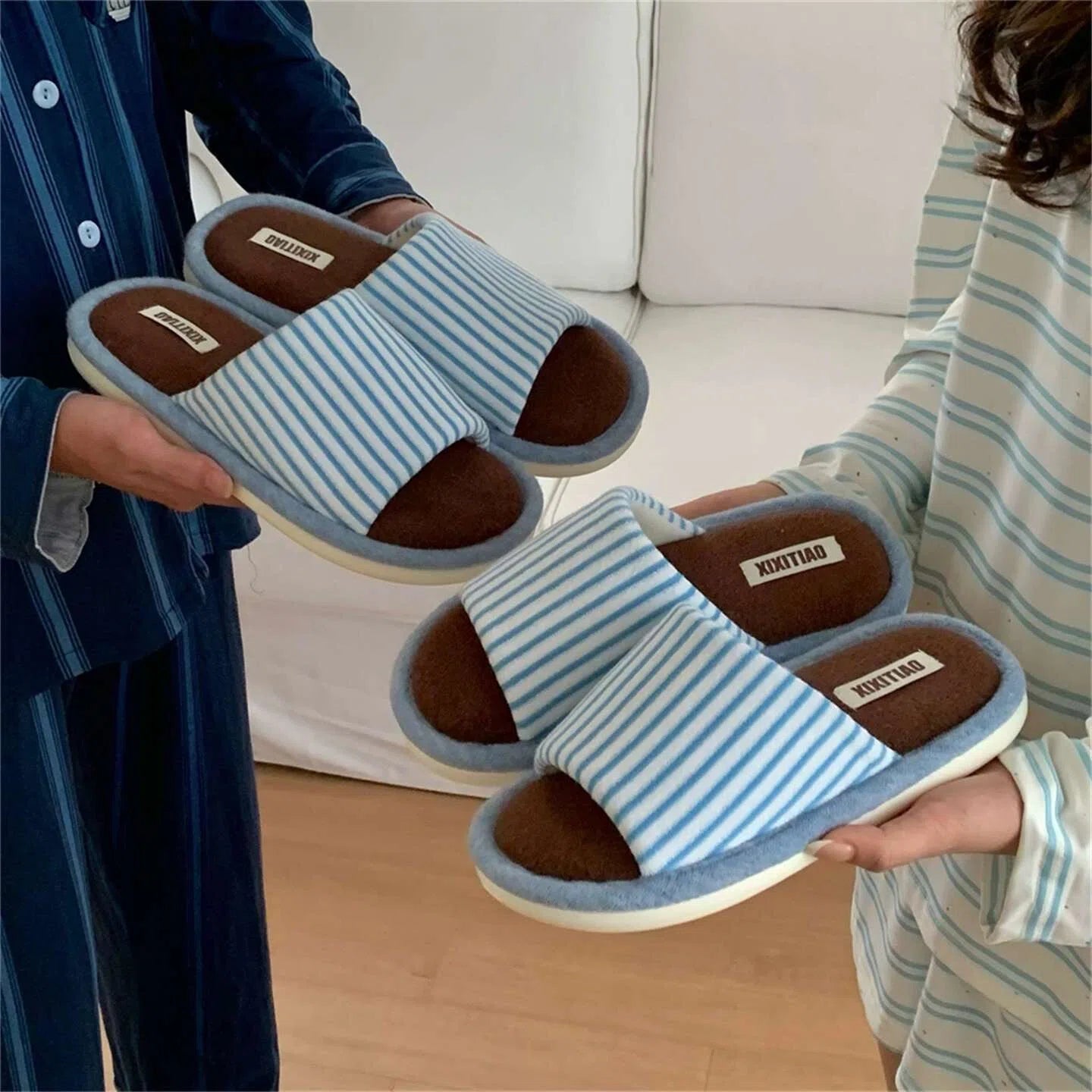 Soft Striped House Slippers for Women Men - Non-slip Indoor Bathroom Bedroom Slippers Light Blue