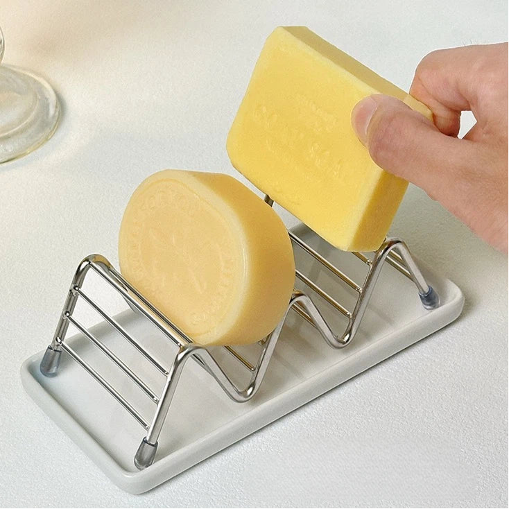 Dual Soap Dish Holder with Drainage - Stainless Steel & White Ceramic Soap Saver for Bathroom/Kitchen