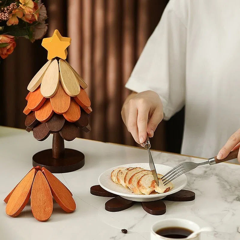 Autumn Wooden Christmas Tree Trivet - Foldable Heat Resistant Table Mat for Hot Dishes & Decor