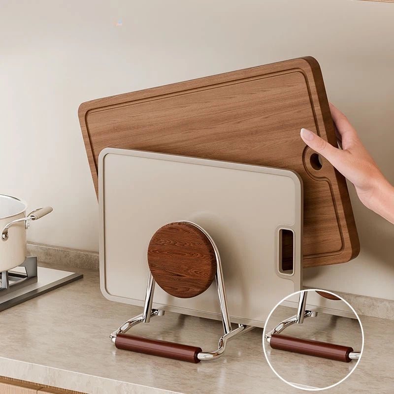 Modern Stainless Steel & Wood Cutting Board Holder Stand - Kitchen Countertop Organizer for Chopping Boards & Lids