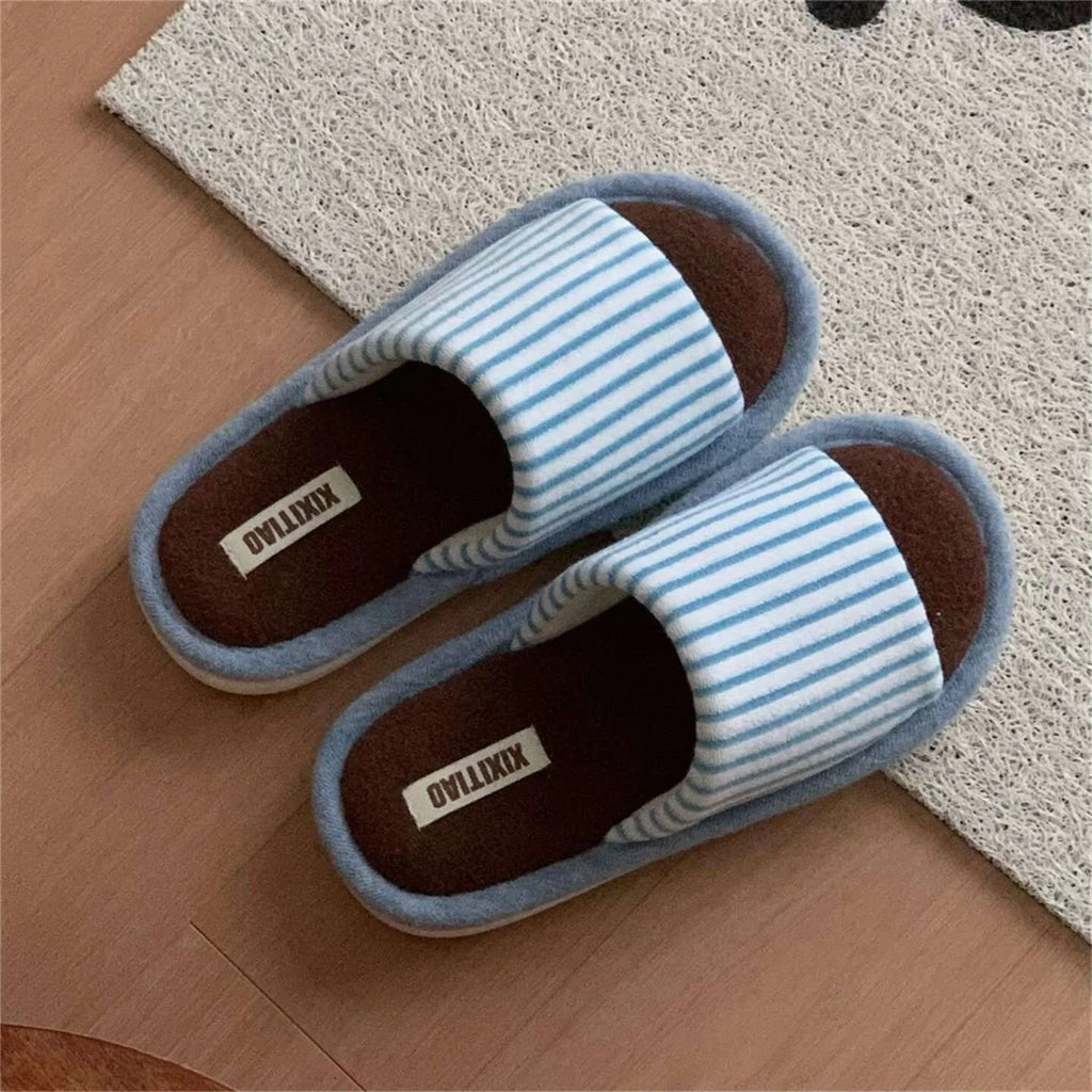 Soft Striped House Slippers for Women Men - Non-slip Indoor Bathroom Bedroom Slippers Light Blue