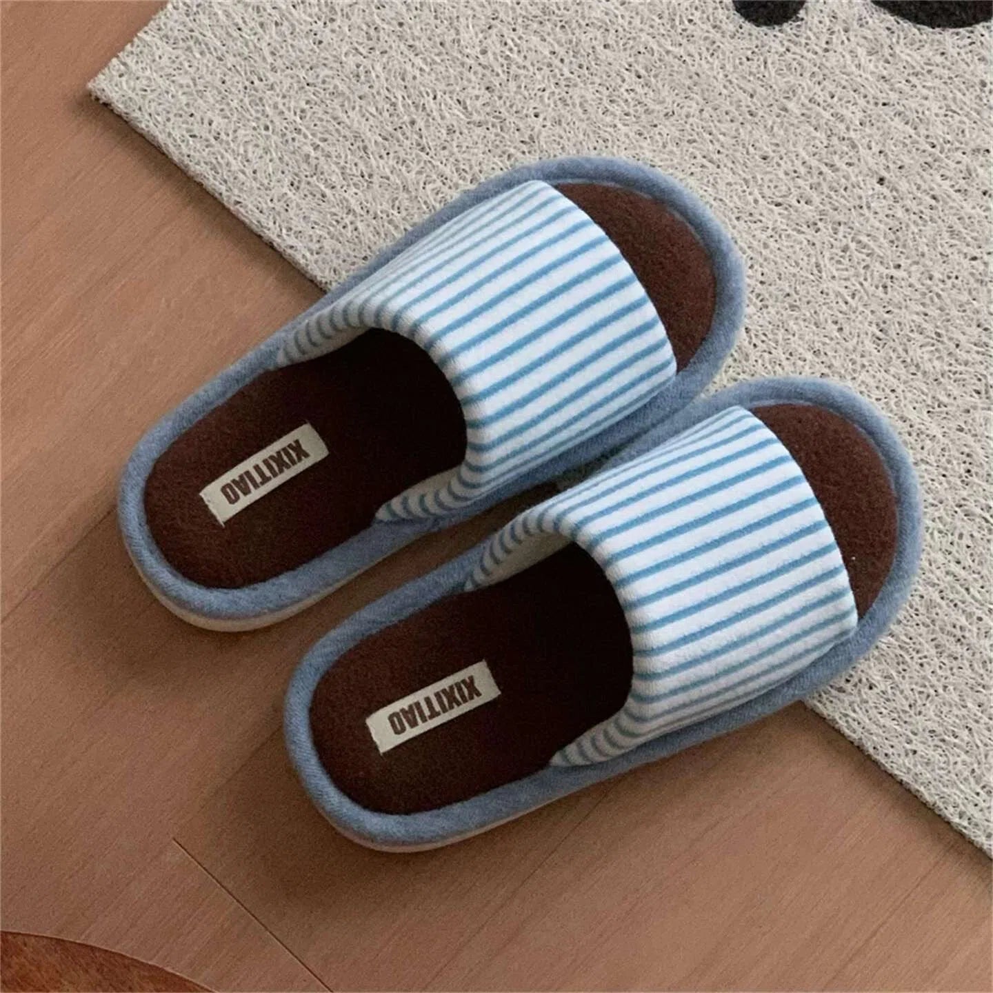 Soft Striped House Slippers for Women Men - Non-slip Indoor Bathroom Bedroom Slippers Light Blue