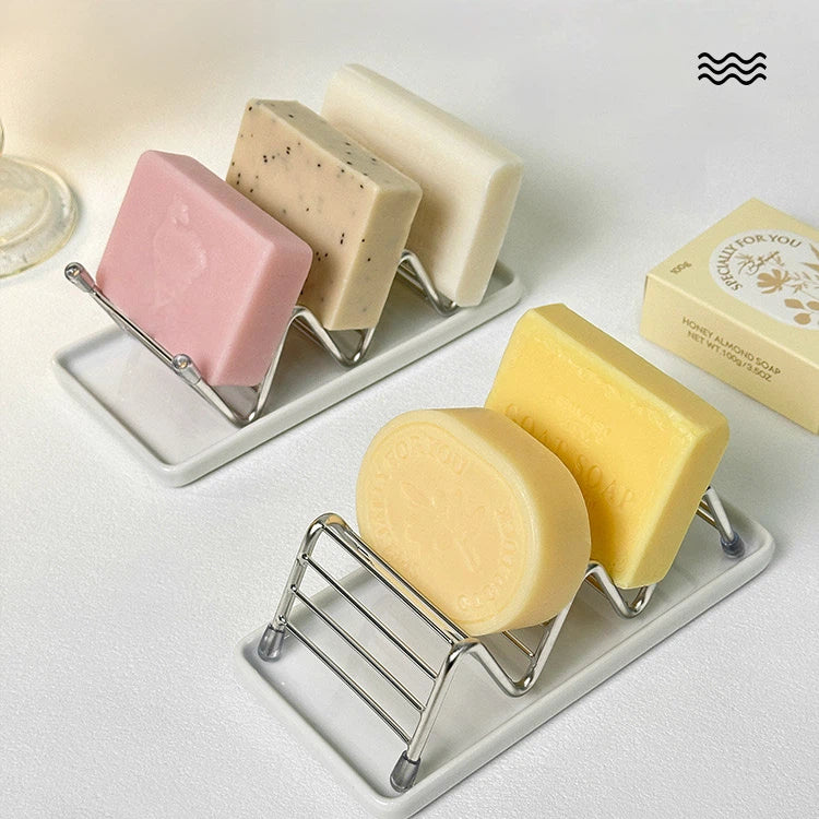 Dual Soap Dish Holder with Drainage - Stainless Steel & White Ceramic Soap Saver for Bathroom/Kitchen