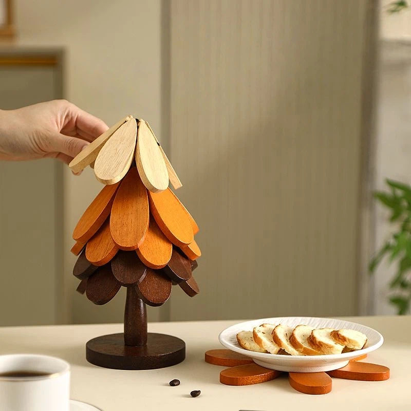 Autumn Wooden Christmas Tree Trivet - Foldable Heat Resistant Table Mat for Hot Dishes & Decor