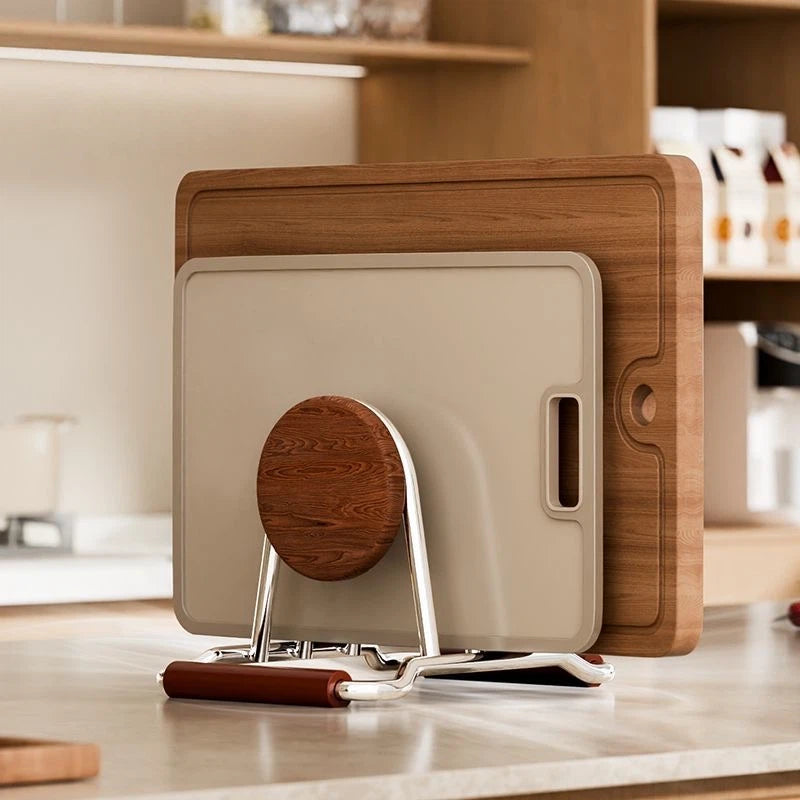 Modern Stainless Steel & Wood Cutting Board Holder Stand - Kitchen Countertop Organizer for Chopping Boards & Lids