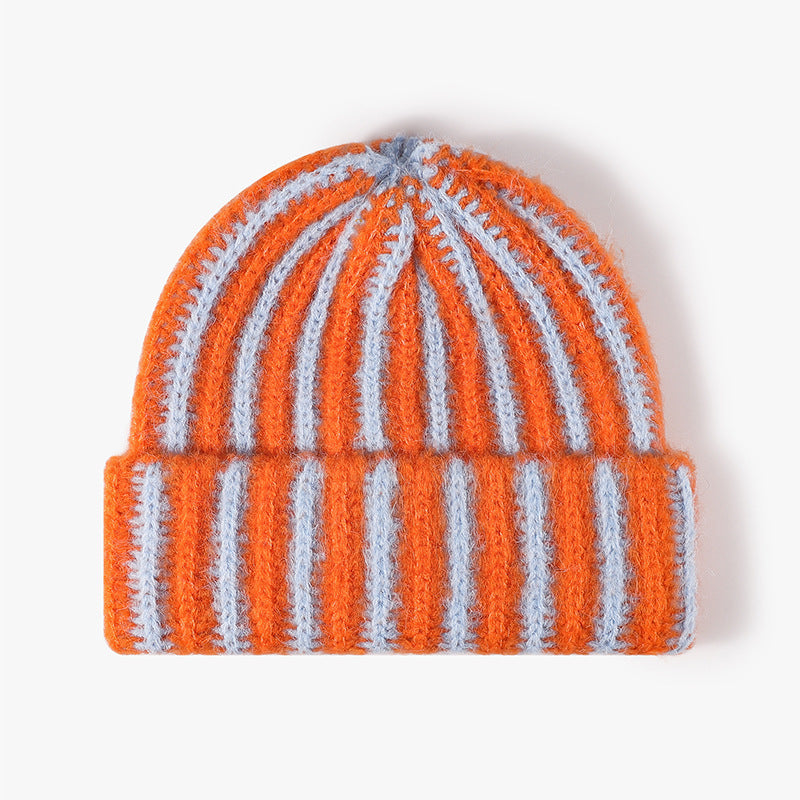 Korean Style Color-Block Striped Double-Layer Knitted Hat Thickened Autumn Winter Versatile Fashion Trendy Ins Style Rolled Edge Wool Hat for Women