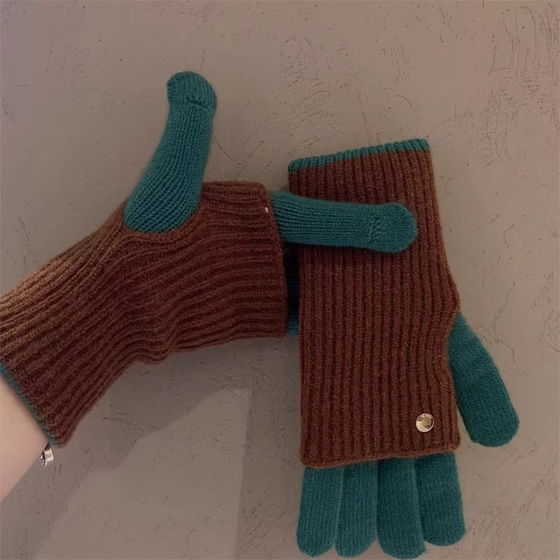 Milad Winter Dual-use Color-blocking Knitted Wool Gloves for Women, Fingerless, Touchscreen-compatible, Warm for Riding