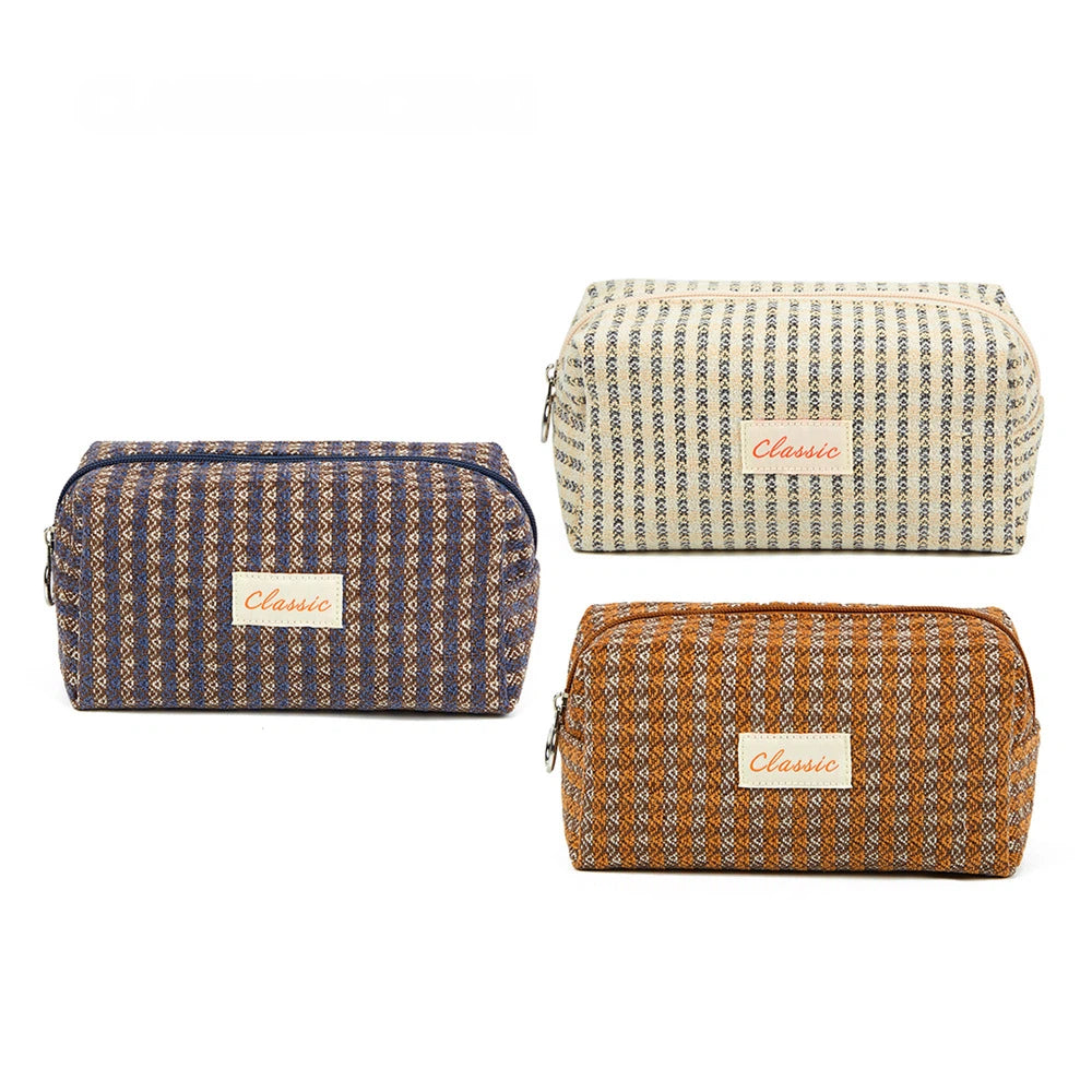 Classic Textured Fabric Storage Pouch - Multi-Style Travel Cosmetic Organizer Bag for Toiletries & Stationery