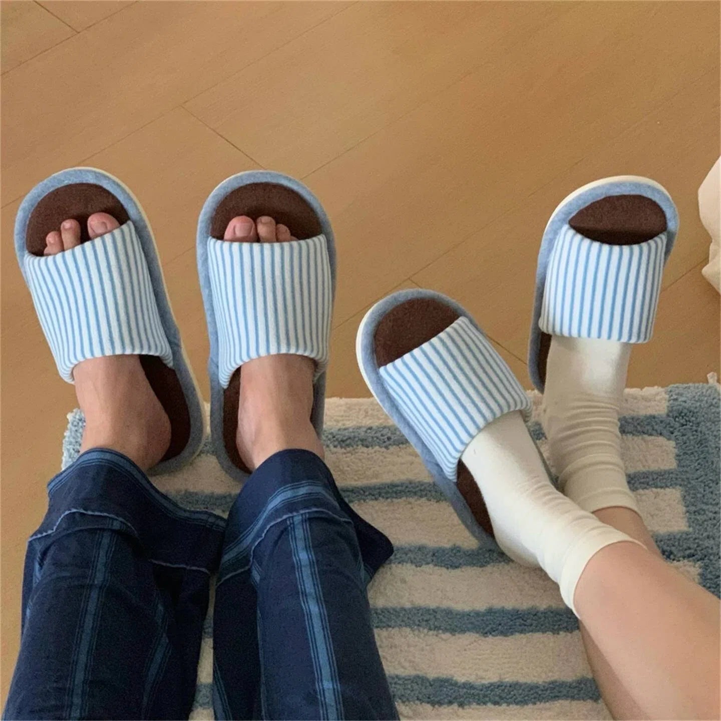 Soft Striped House Slippers for Women Men - Non-slip Indoor Bathroom Bedroom Slippers Light Blue