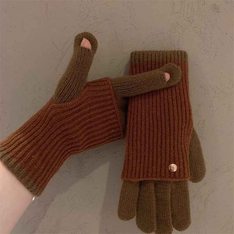 Milad Winter Dual-use Color-blocking Knitted Wool Gloves for Women, Fingerless, Touchscreen-compatible, Warm for Riding