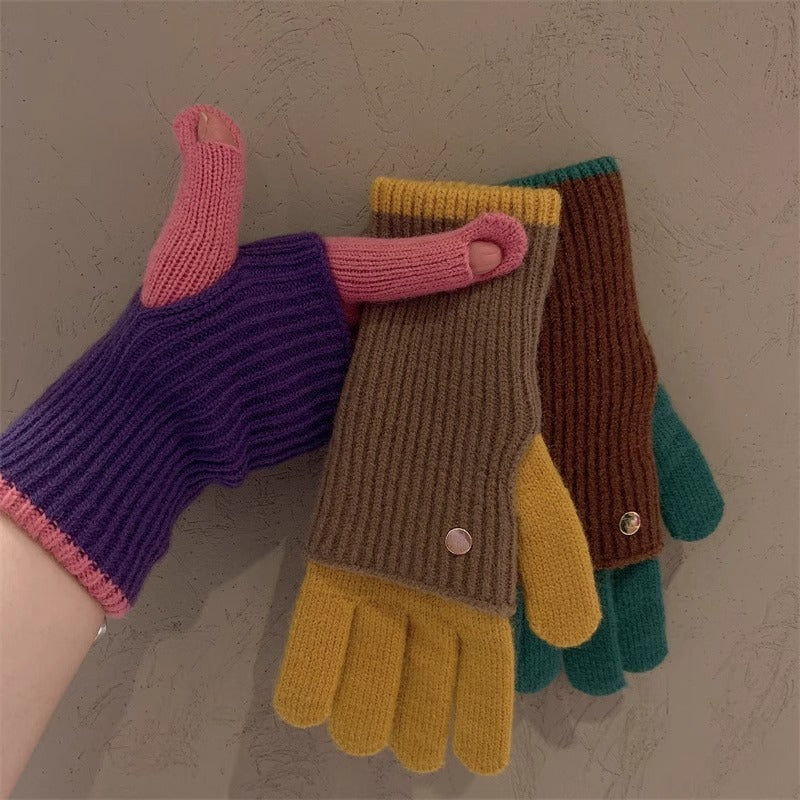 Milad Winter Dual-use Color-blocking Knitted Wool Gloves for Women, Fingerless, Touchscreen-compatible, Warm for Riding