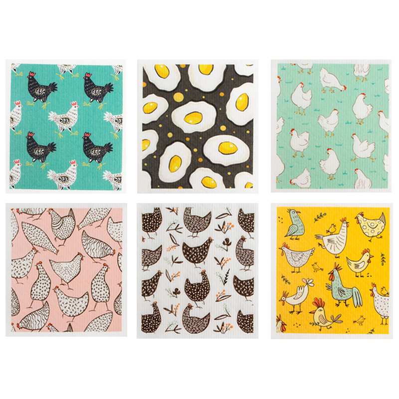 Chicken & Egg Pattern Kitchen Scrub Sponges Set - 6-Pack Dish Cleaning Cloths