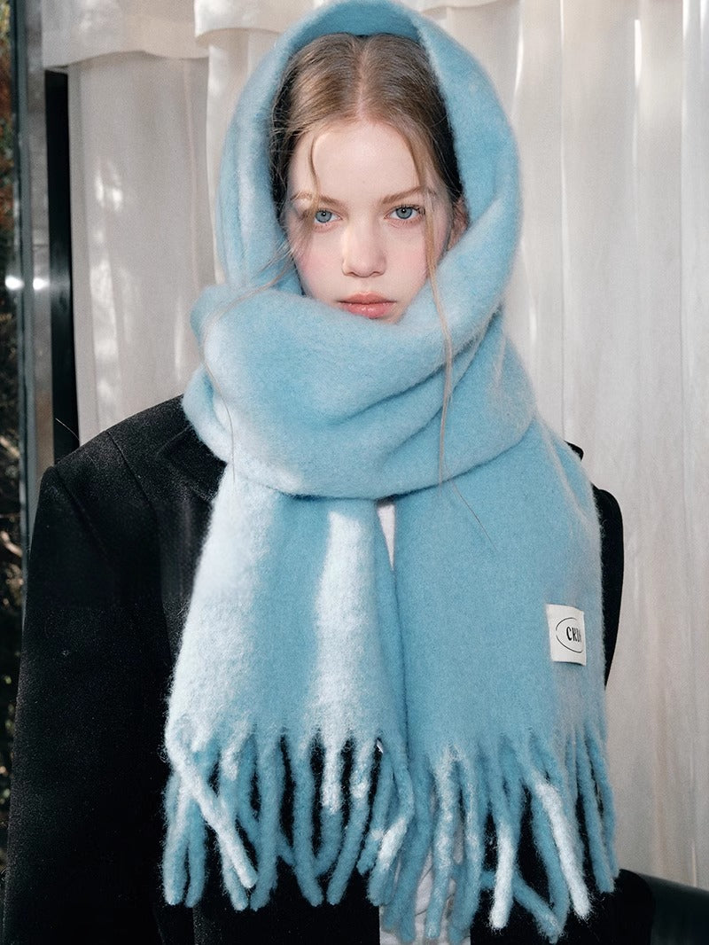 Atmospheric Wool Simple Solid Color Scarf for Women Iceland Blue Autumn Winter Warm Versatile European and American Style Mohair Shawl