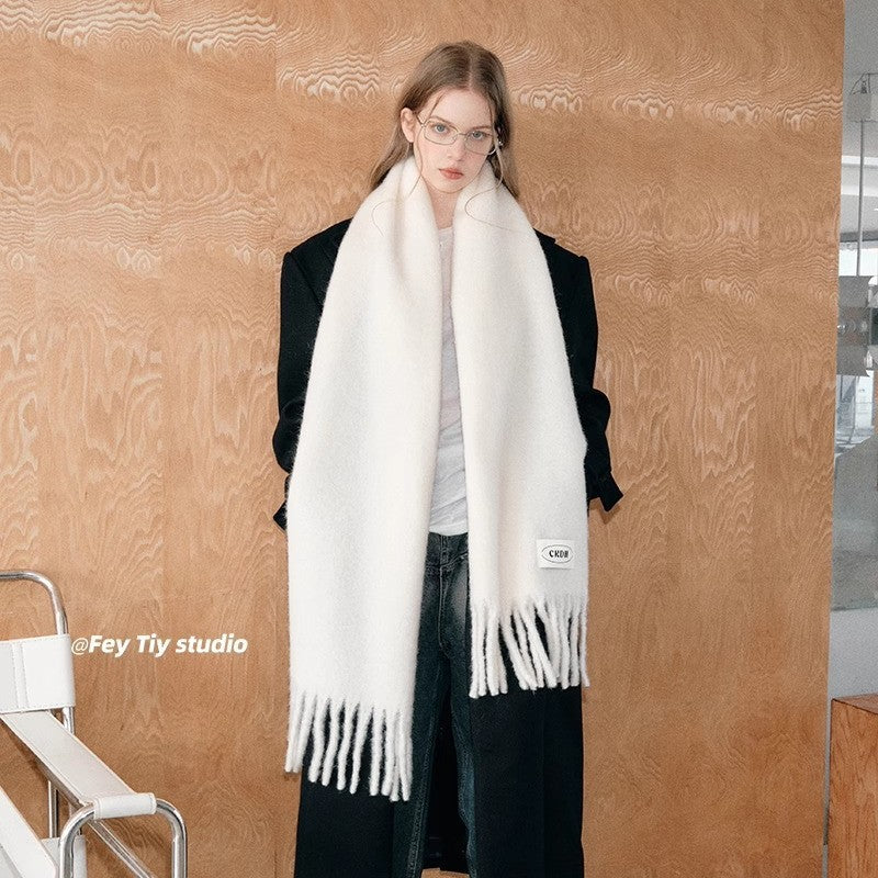 Atmospheric Wool Simple Solid Color Scarf for Women Iceland Blue Autumn Winter Warm Versatile European and American Style Mohair Shawl