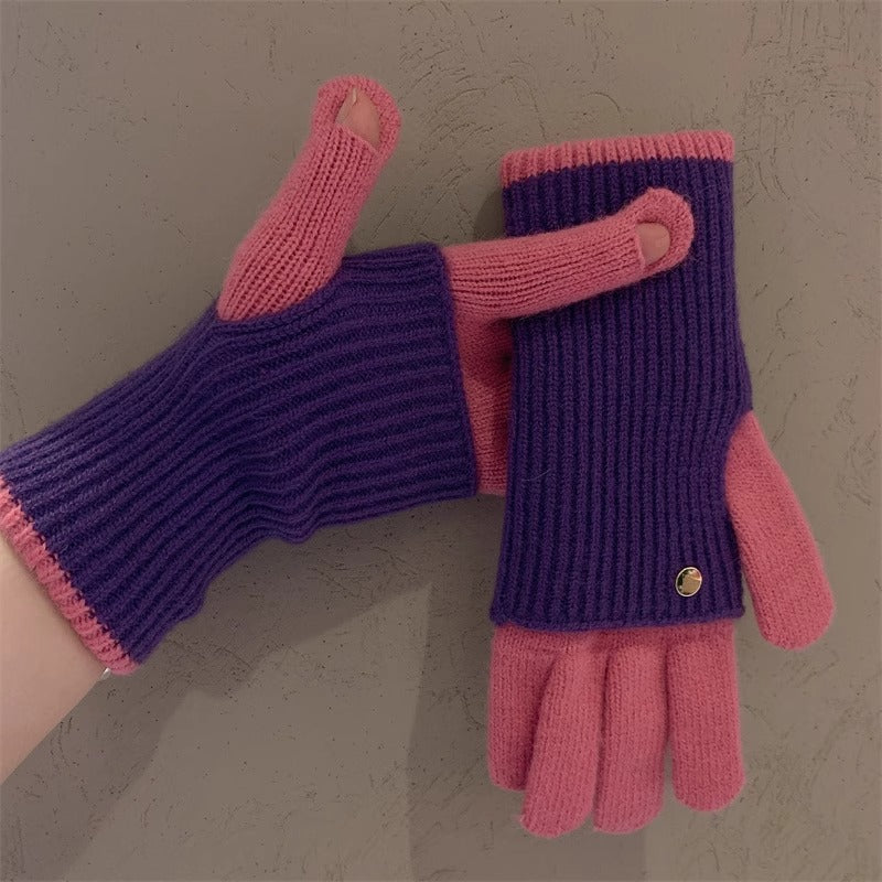 Milad Winter Dual-use Color-blocking Knitted Wool Gloves for Women, Fingerless, Touchscreen-compatible, Warm for Riding