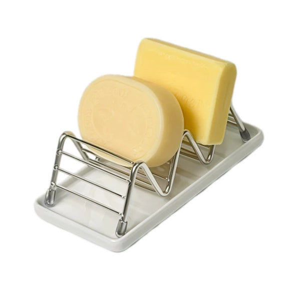 Dual Soap Dish Holder with Drainage - Stainless Steel & White Ceramic Soap Saver for Bathroom/Kitchen