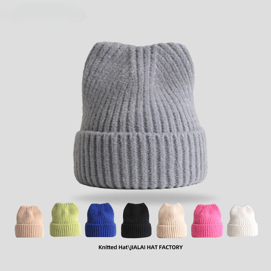 Cute Cat Ear Hat for Women, Autumn and Winter New Thickened Warm Knitted Hat, Korean Style Simple Fashion Wool Hat
