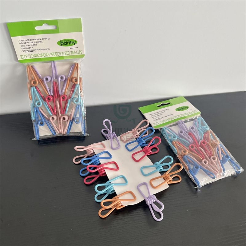 12-Pack Colorful Steel Wire Clips - Multi-Purpose Food Bag Clips & Office Document Clamps