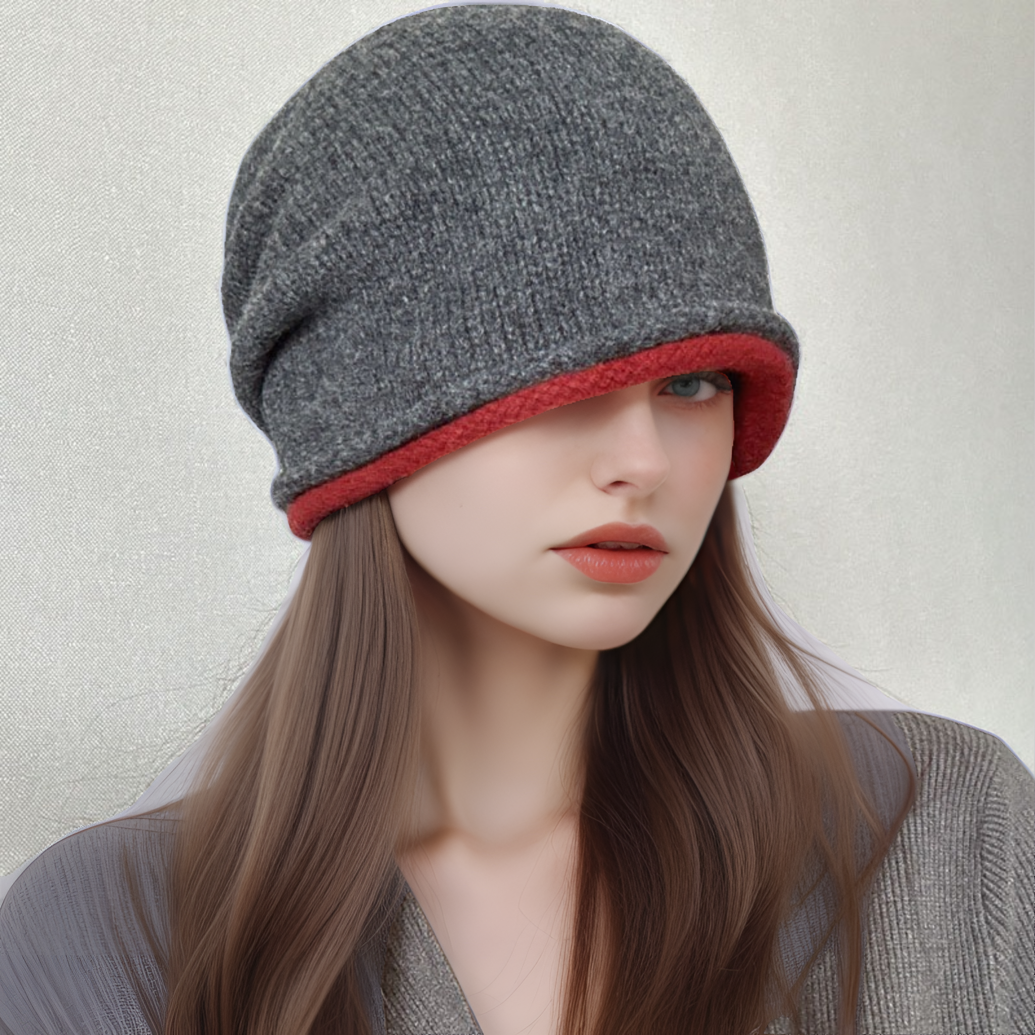 100% Wool Pure Wool Double-Sided Slouchy Beanie for Women, Autumn and Winter Cool High Elasticity Knitted Hat