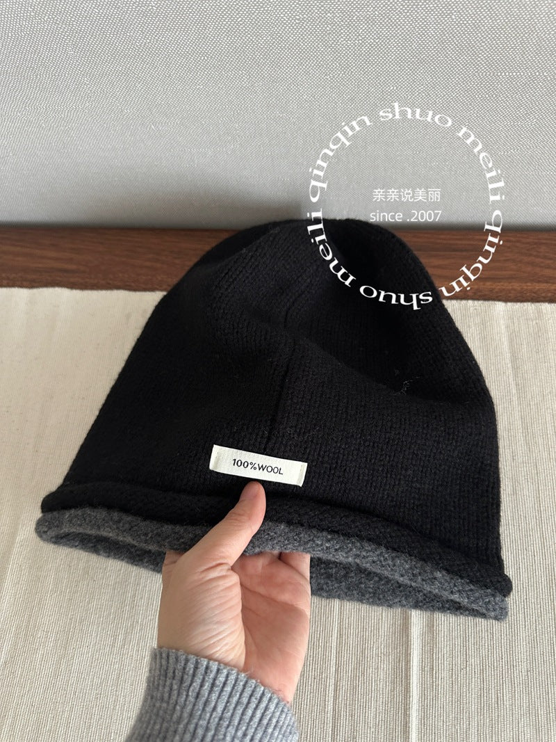 100% Wool Pure Wool Double-Sided Slouchy Beanie for Women, Autumn and Winter Cool High Elasticity Knitted Hat