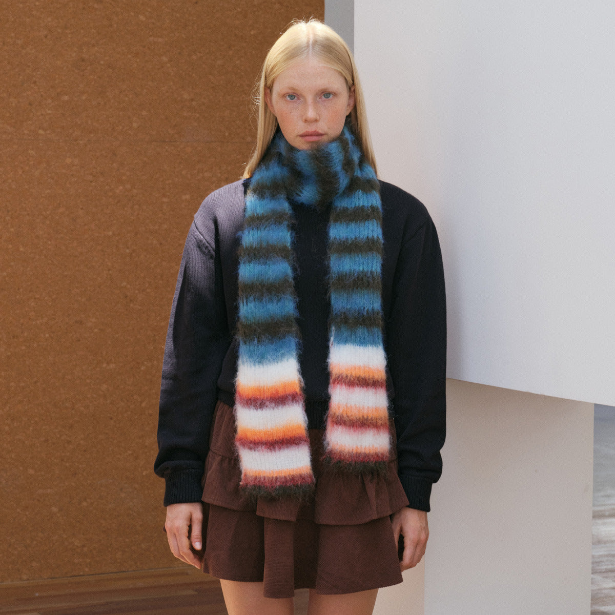 Korean Designer Custom Color-Block Striped Knitted Scarf for Women, Autumn and Winter, Niche, Thin, Soft, Soft Yarn Neck Warmer