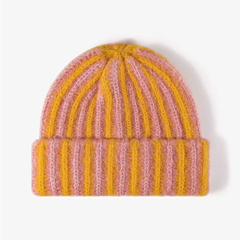 Korean Style Color-Block Striped Double-Layer Knitted Hat Thickened Autumn Winter Versatile Fashion Trendy Ins Style Rolled Edge Wool Hat for Women