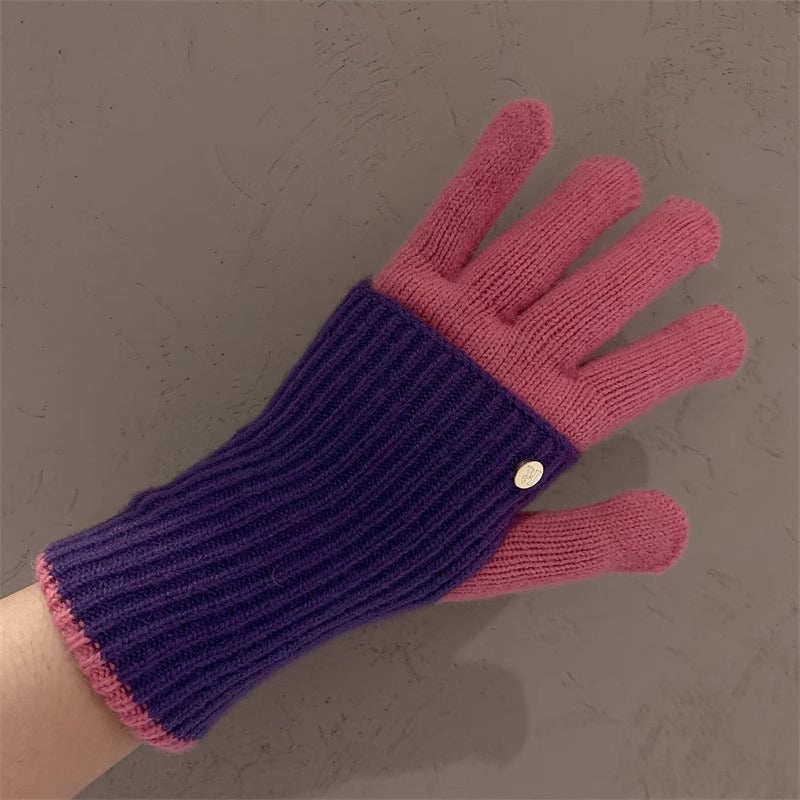 Milad Winter Dual-use Color-blocking Knitted Wool Gloves for Women, Fingerless, Touchscreen-compatible, Warm for Riding