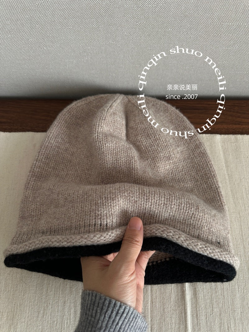 100% Wool Pure Wool Double-Sided Slouchy Beanie for Women, Autumn and Winter Cool High Elasticity Knitted Hat