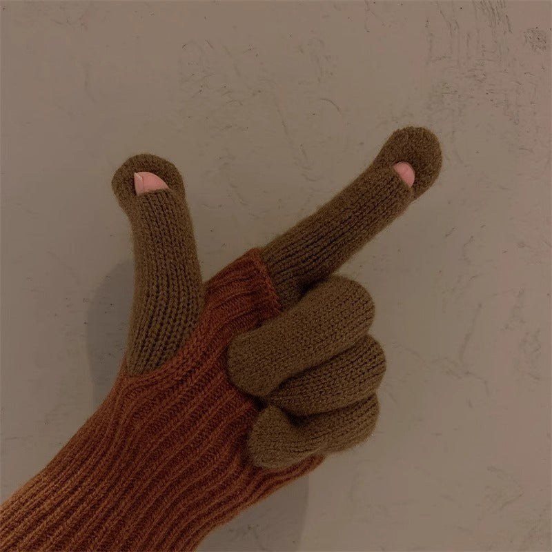 Milad Winter Dual-use Color-blocking Knitted Wool Gloves for Women, Fingerless, Touchscreen-compatible, Warm for Riding