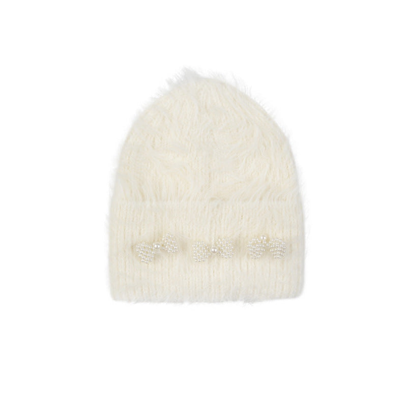 Pearl Bowknot Solid Color Knitted Hat for Women, Autumn and Winter, Girly Atmosphere Long Wool Knitted Hat