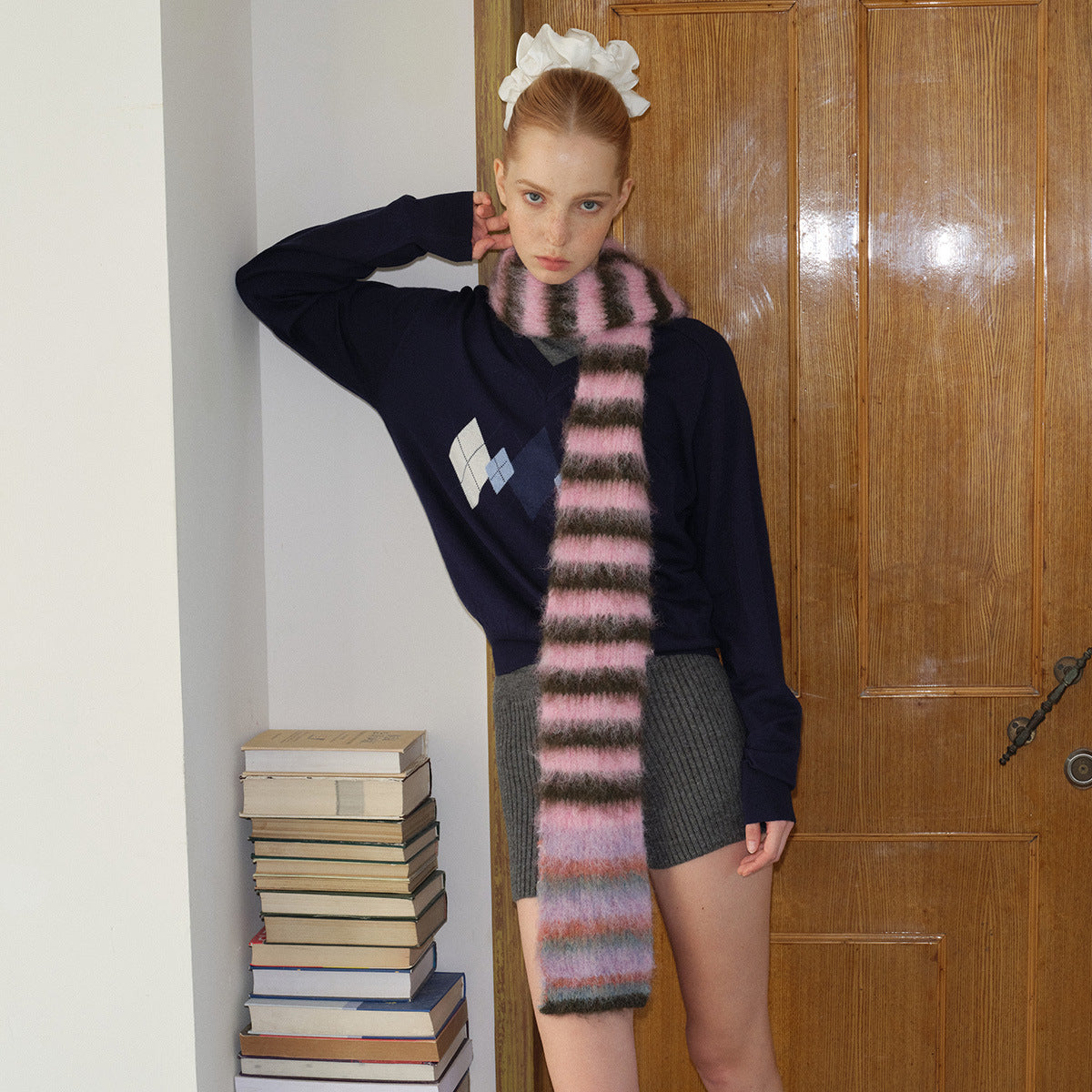 Korean Designer Custom Color-Block Striped Knitted Scarf for Women, Autumn and Winter, Niche, Thin, Soft, Soft Yarn Neck Warmer