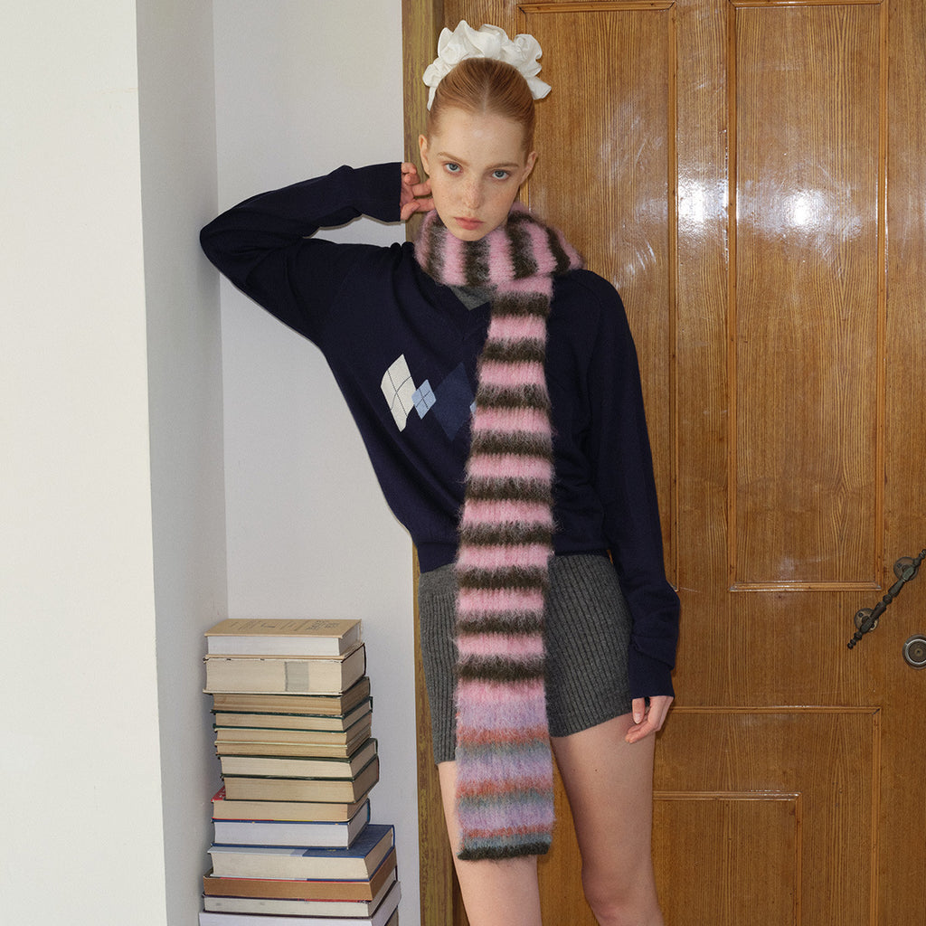 Korean Designer Custom Color-Block Striped Knitted Scarf for Women, Autumn and Winter, Niche, Thin, Soft, Soft Yarn Neck Warmer
