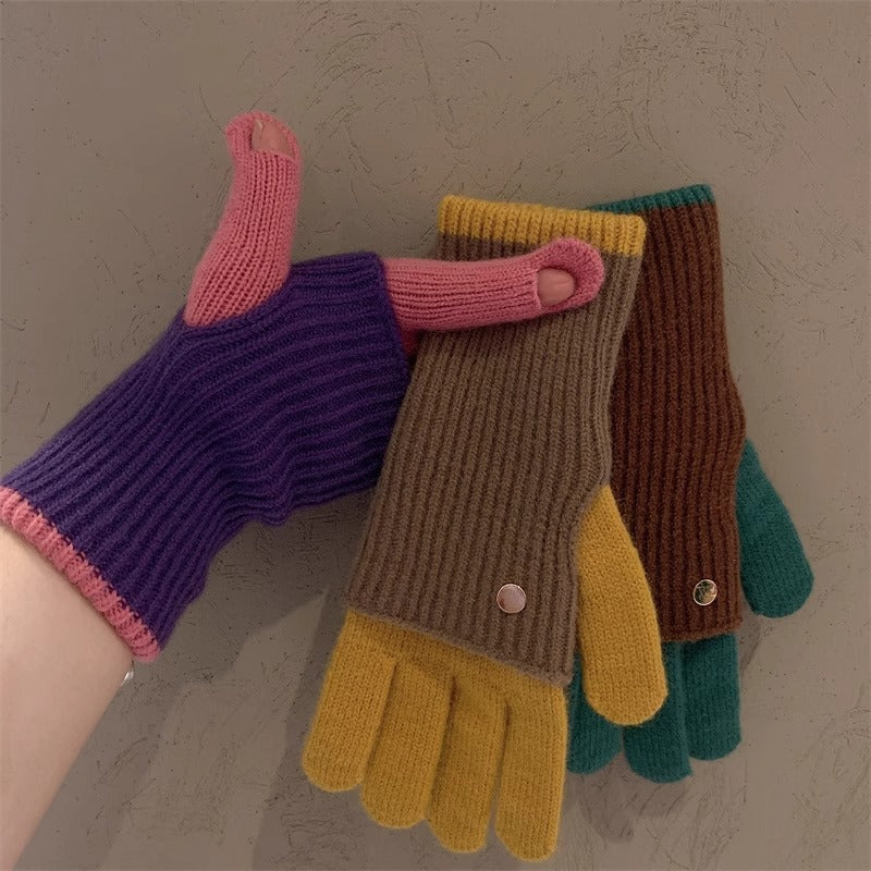 Milad Winter Dual-use Color-blocking Knitted Wool Gloves for Women, Fingerless, Touchscreen-compatible, Warm for Riding