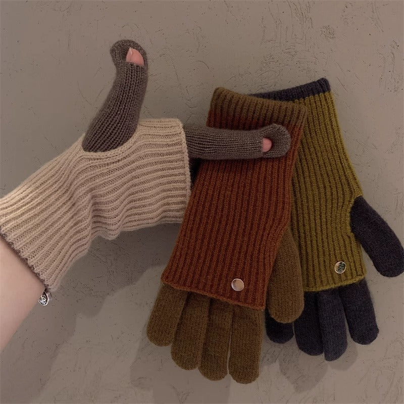 Milad Winter Dual-use Color-blocking Knitted Wool Gloves for Women, Fingerless, Touchscreen-compatible, Warm for Riding