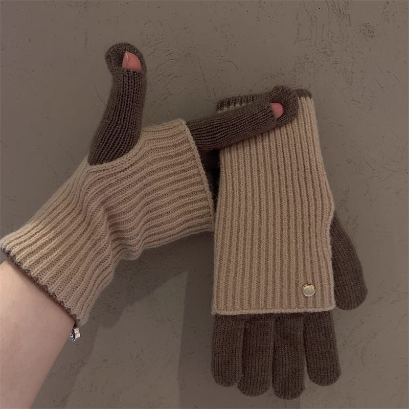 Milad Winter Dual-use Color-blocking Knitted Wool Gloves for Women, Fingerless, Touchscreen-compatible, Warm for Riding