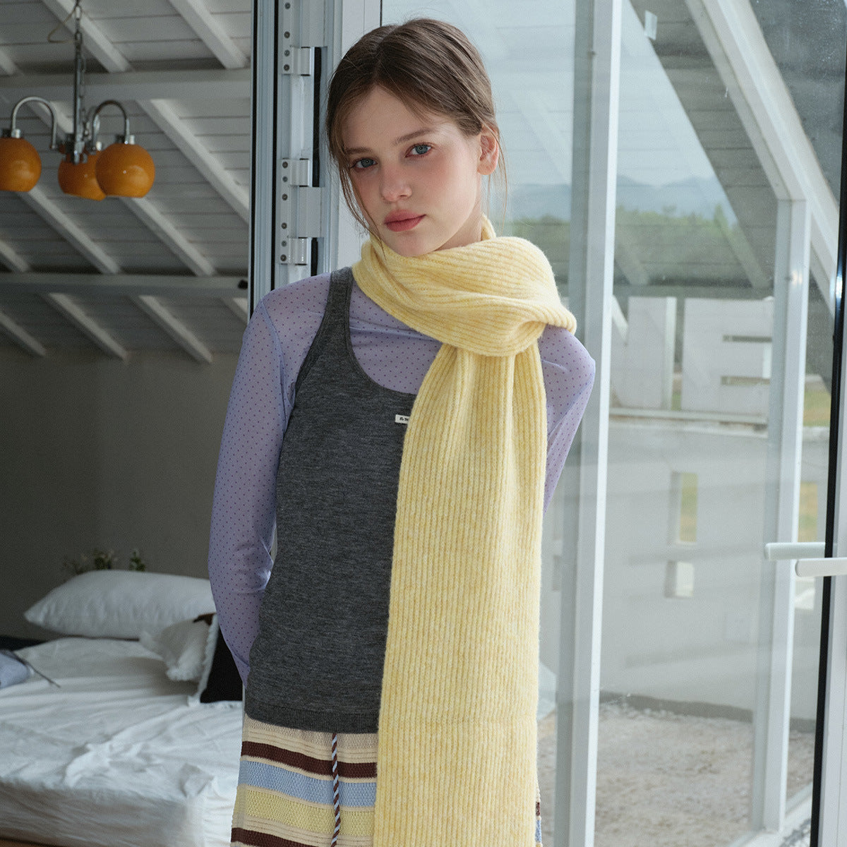 Homemade 35% Wool Striped Solid Color Interlocking Yarn Scarf for Women Winter Korean Style Girly Atmosphere Knitted Neck Warmer