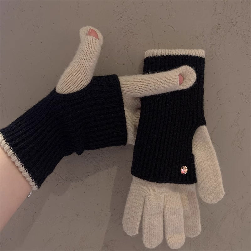 Milad Winter Dual-use Color-blocking Knitted Wool Gloves for Women, Fingerless, Touchscreen-compatible, Warm for Riding