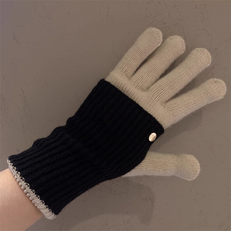 Milad Winter Dual-use Color-blocking Knitted Wool Gloves for Women, Fingerless, Touchscreen-compatible, Warm for Riding