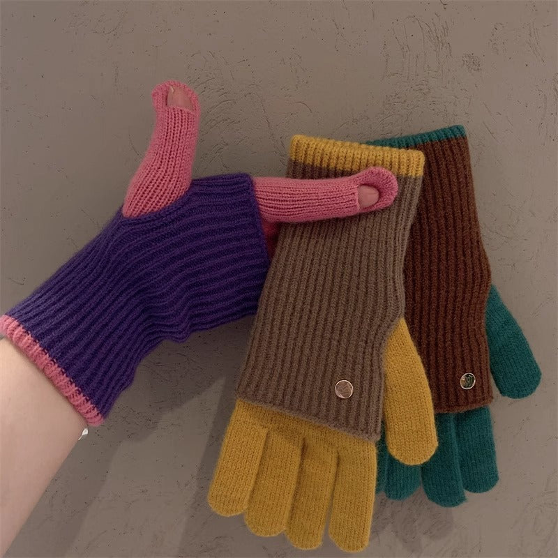 Milad Winter Dual-use Color-blocking Knitted Wool Gloves for Women, Fingerless, Touchscreen-compatible, Warm for Riding