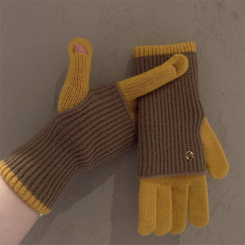 Milad Winter Dual-use Color-blocking Knitted Wool Gloves for Women, Fingerless, Touchscreen-compatible, Warm for Riding