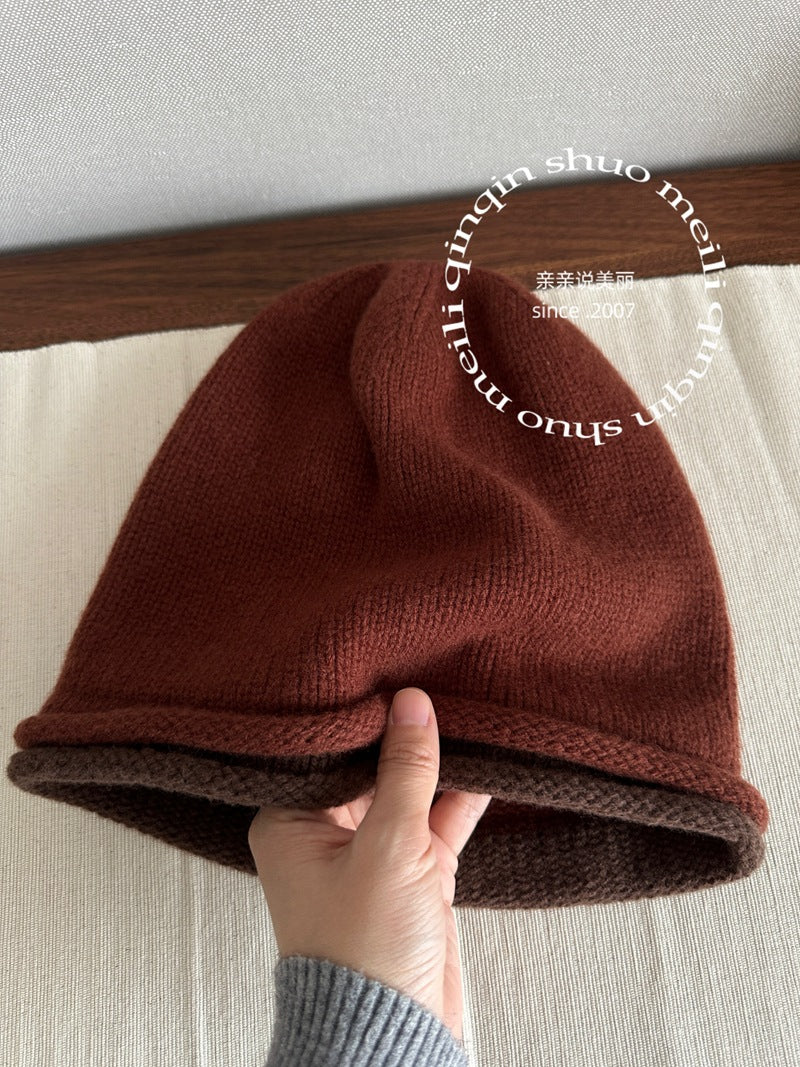100% Wool Pure Wool Double-Sided Slouchy Beanie for Women, Autumn and Winter Cool High Elasticity Knitted Hat