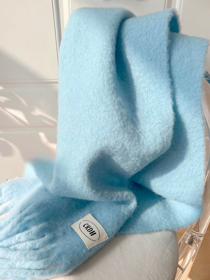 Atmospheric Wool Simple Solid Color Scarf for Women Iceland Blue Autumn Winter Warm Versatile European and American Style Mohair Shawl